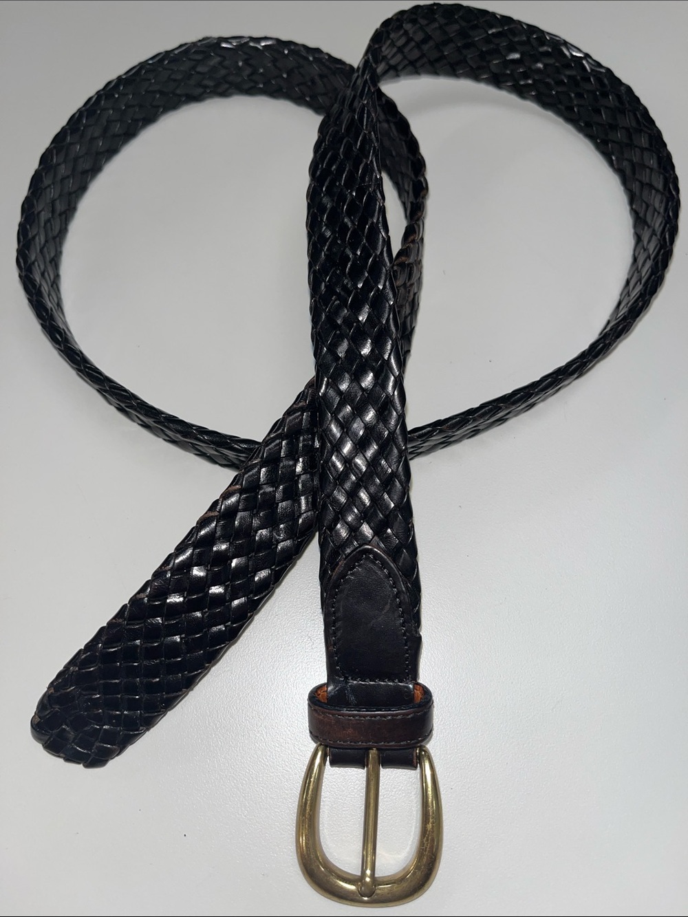 Source Unknown Black Woven Leather Belt with Brass Buckle